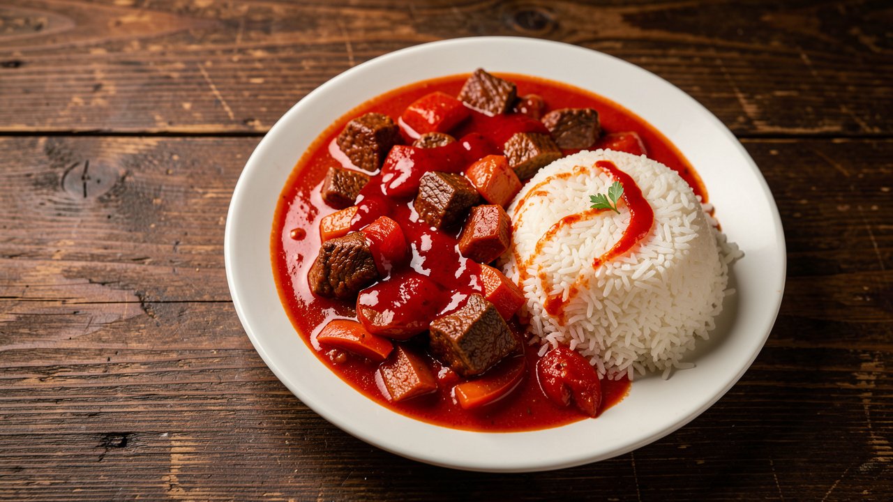 A bowl of Nigerian buka stew, deep red fried pepper stew with beef, served with white rice