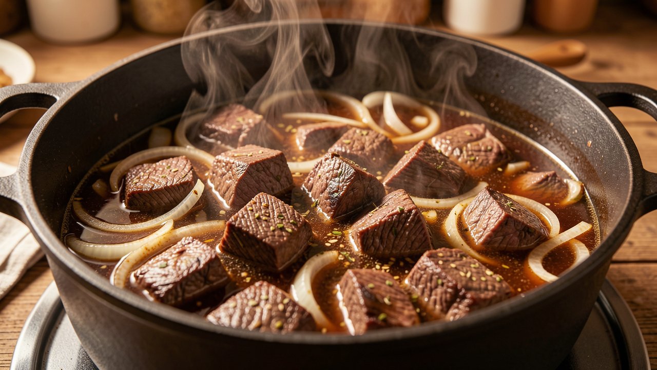 Beef chunks simmering with onion in a rich stock in a dark pot
