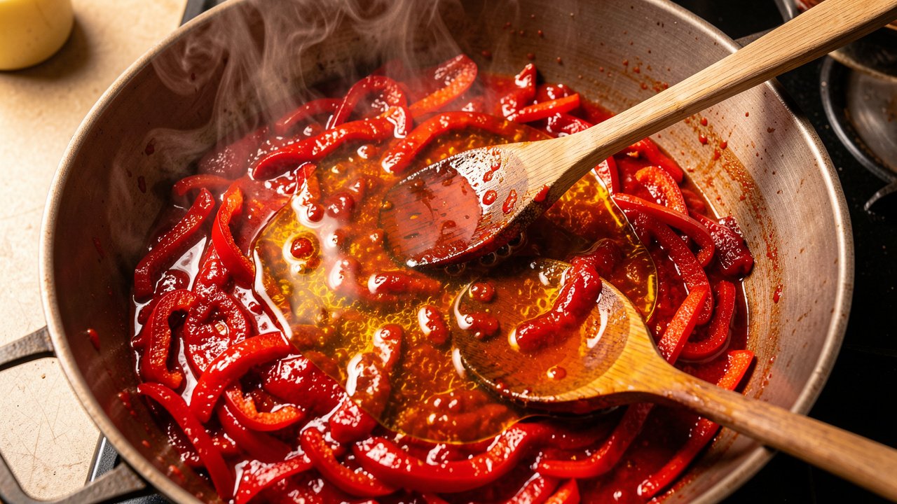 Red pepper and tomato base frying in oil in a wide pot with oil rising to the surface