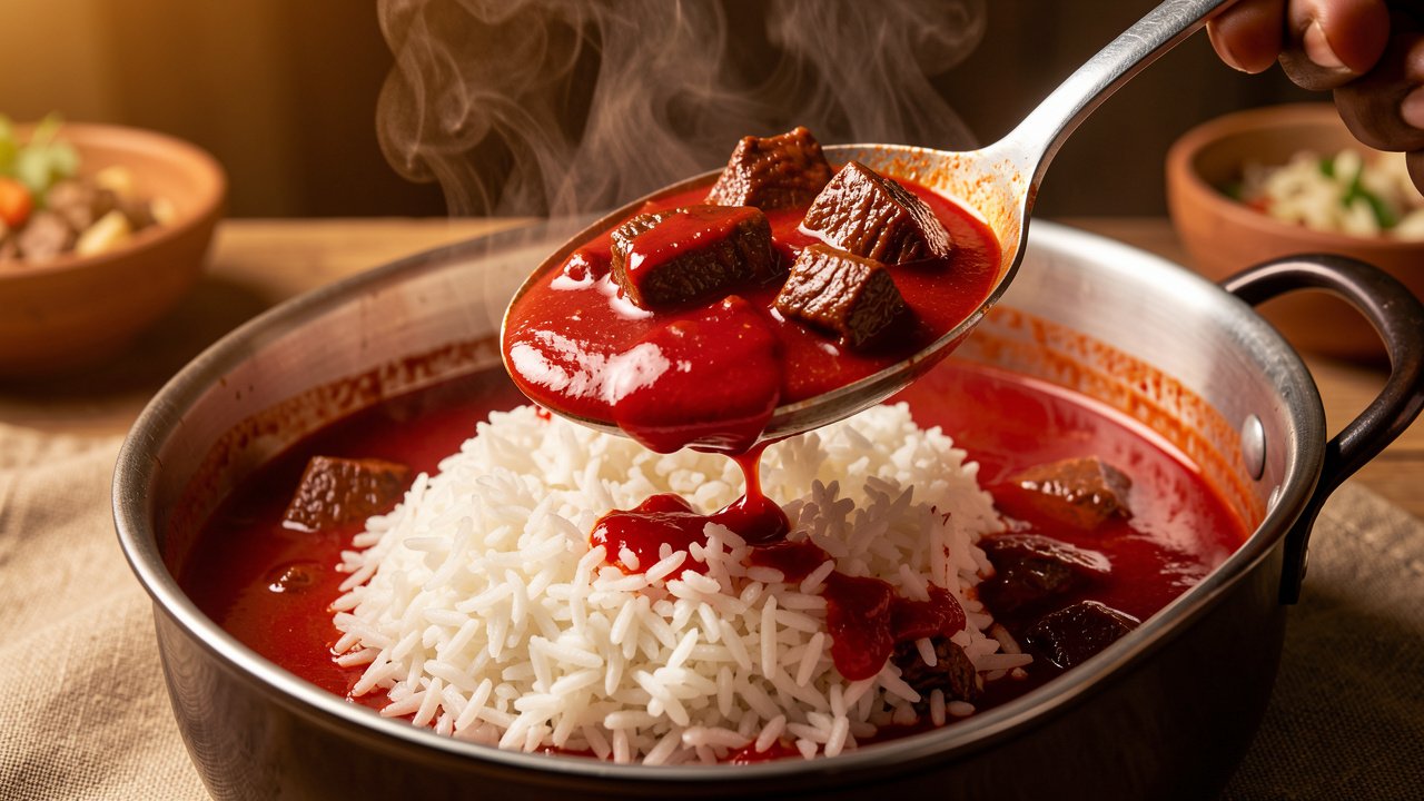 Finished Nigerian buka stew with beef being ladled over a plate of white rice
