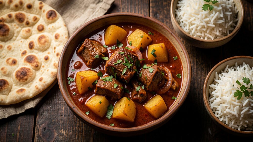 A rustic bowl of Pakistani aloo gosht curry with bone-in lamb and potato chunks in a spiced onion-tomato gravy, served with roti and rice