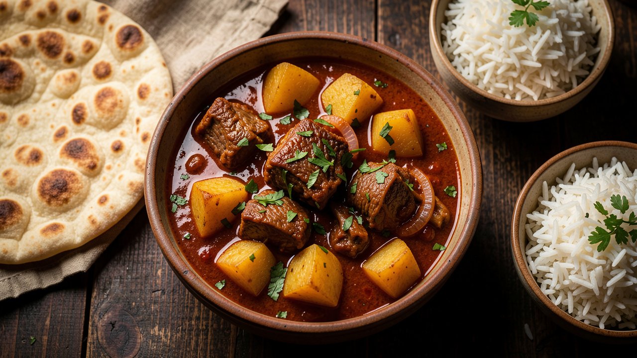 A rustic bowl of Pakistani aloo gosht curry with bone-in lamb and potato chunks in a spiced onion-tomato gravy, served with roti and rice