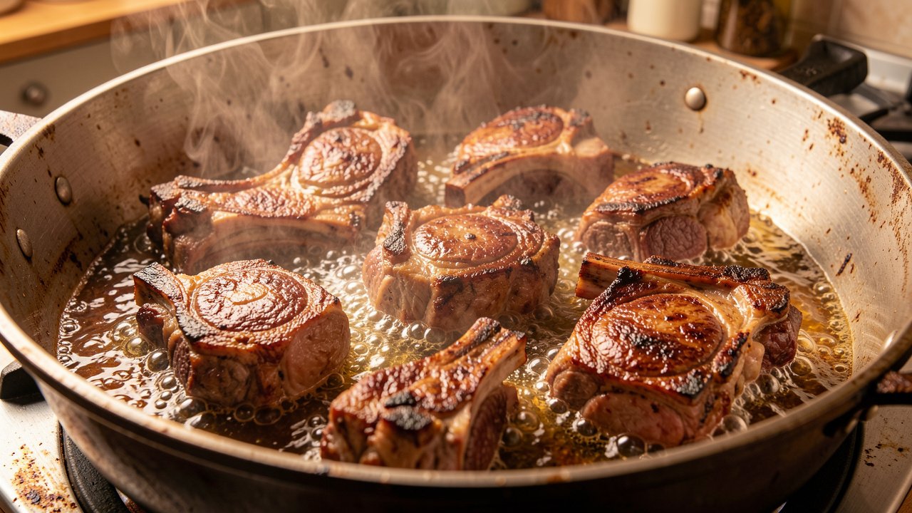 Bone-in lamb pieces browning in hot oil in a large heavy pot