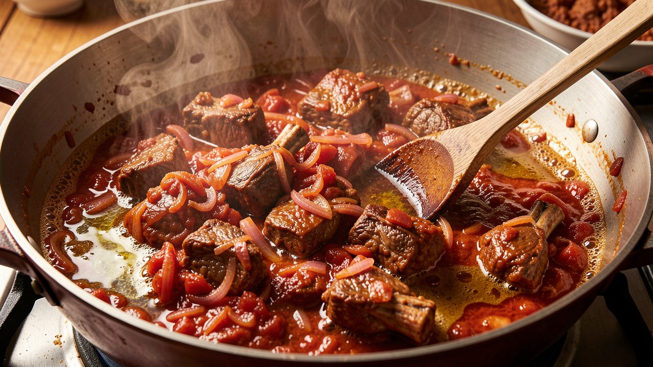 A thick red-brown onion-tomato masala with lamb frying in a pot, oil separating at the edges