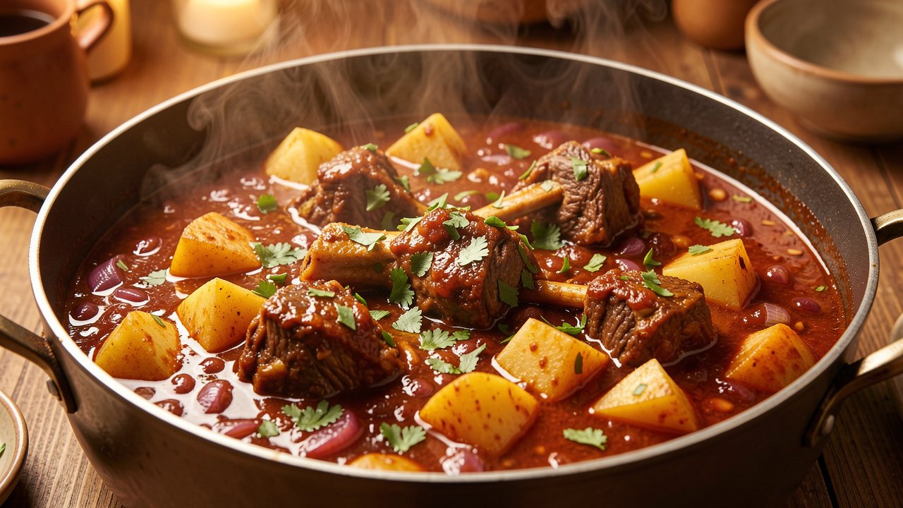 Finished aloo gosht with bone-in lamb and potato chunks in a spiced onion-tomato gravy, topped with coriander
