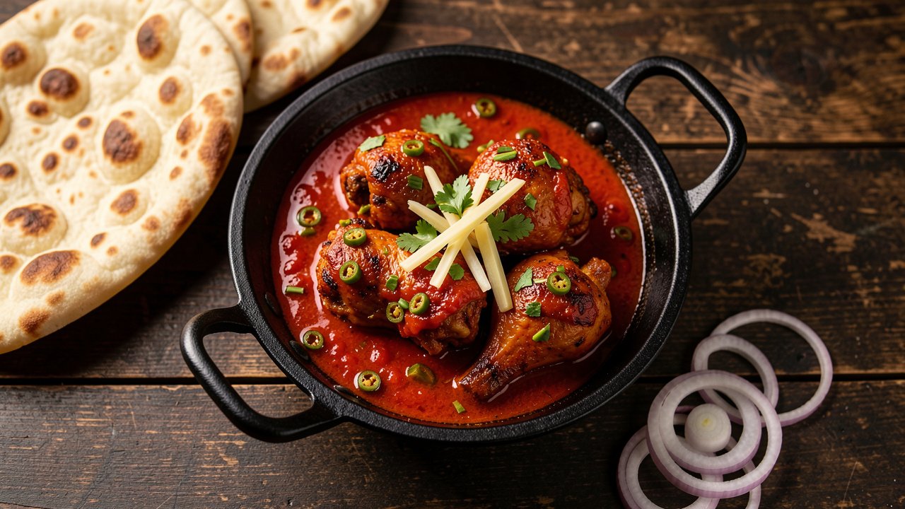 Pakistani chicken karahi in a steel karahi with glossy tomato sauce, ginger, and cilantro, served with naan