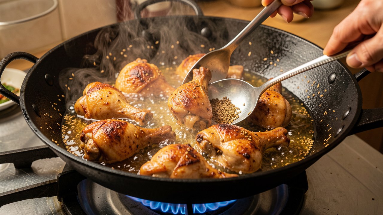 Bone-in chicken searing golden with cumin seeds in a karahi