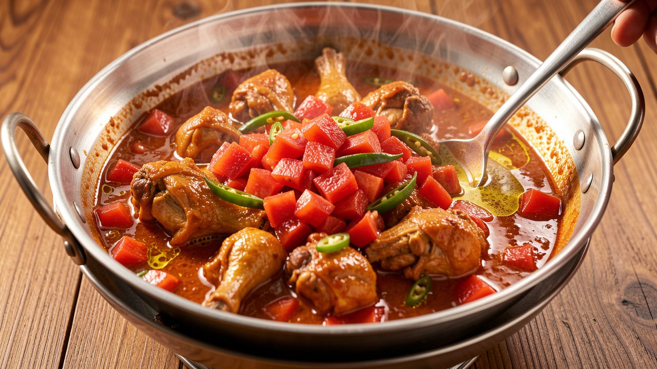 Tomatoes cooking down with chicken and chili into a thick glossy sauce with oil separating