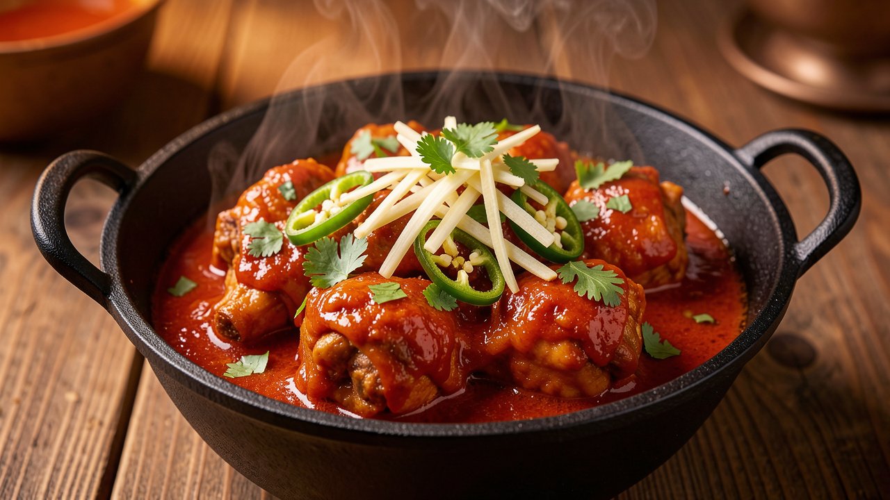 Finished chicken karahi topped with ginger julienne, green chili, and cilantro in a karahi