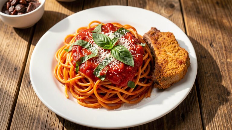 A plate of Peruvian tallarines rojos, red spaghetti in tomato sauce with basil and breaded beef on the side