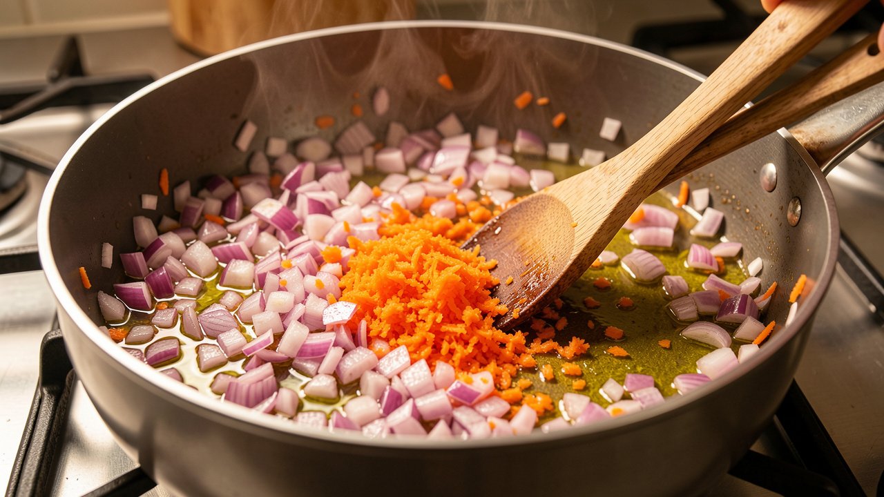 Chopped red onion and grated carrot softening in olive oil in a saucepan