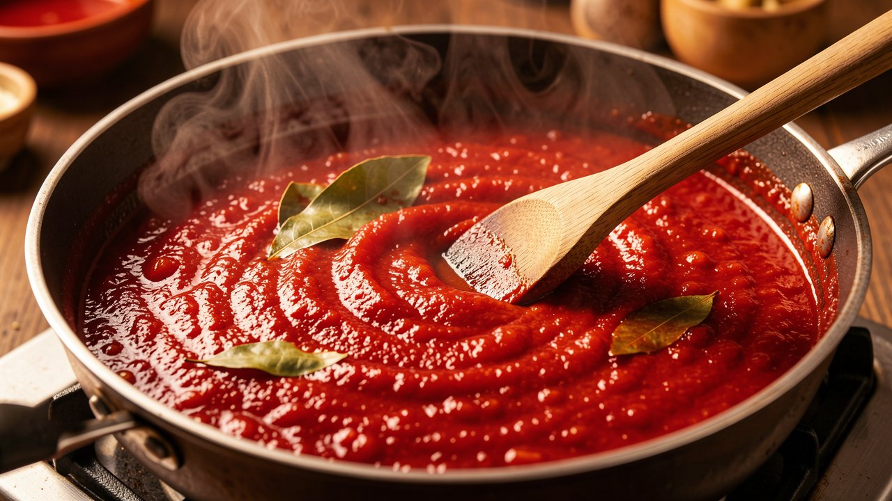 Deep red tomato sauce simmering and thickening in a saucepan with a bay leaf
