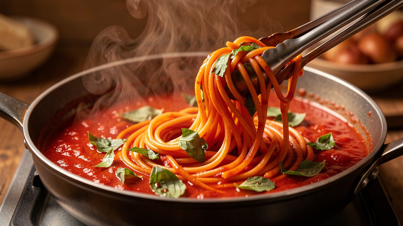 Spaghetti being tossed in deep red tomato sauce with fresh basil
