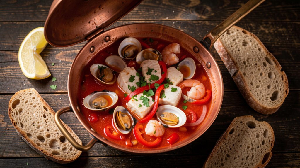 An open copper cataplana pan of Portuguese Algarve seafood stew in tomato and pepper broth with clams, fish, shrimp, and rustic bread