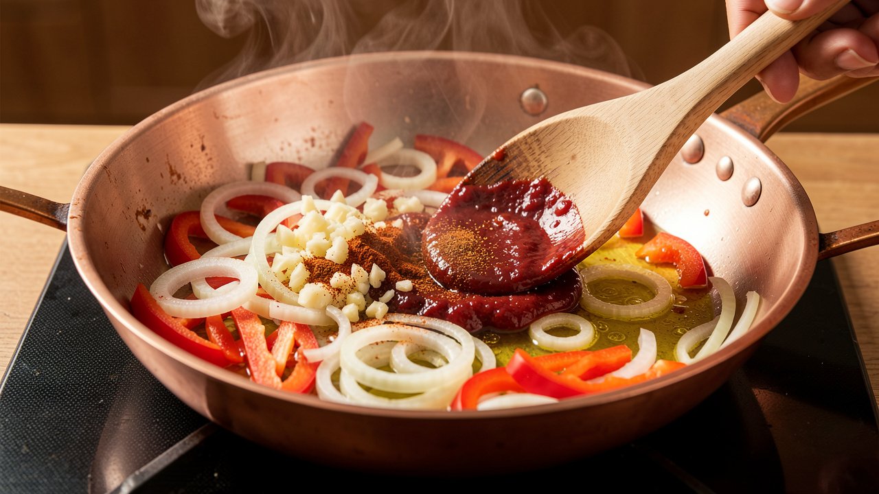 Sliced onion and red pepper softening in olive oil with garlic, smoked paprika, and tomato paste stirred in