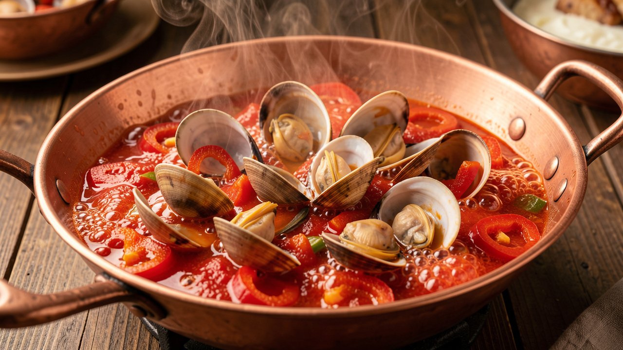 Clams opening in a bubbling red tomato and pepper sauce inside a copper cataplana pan