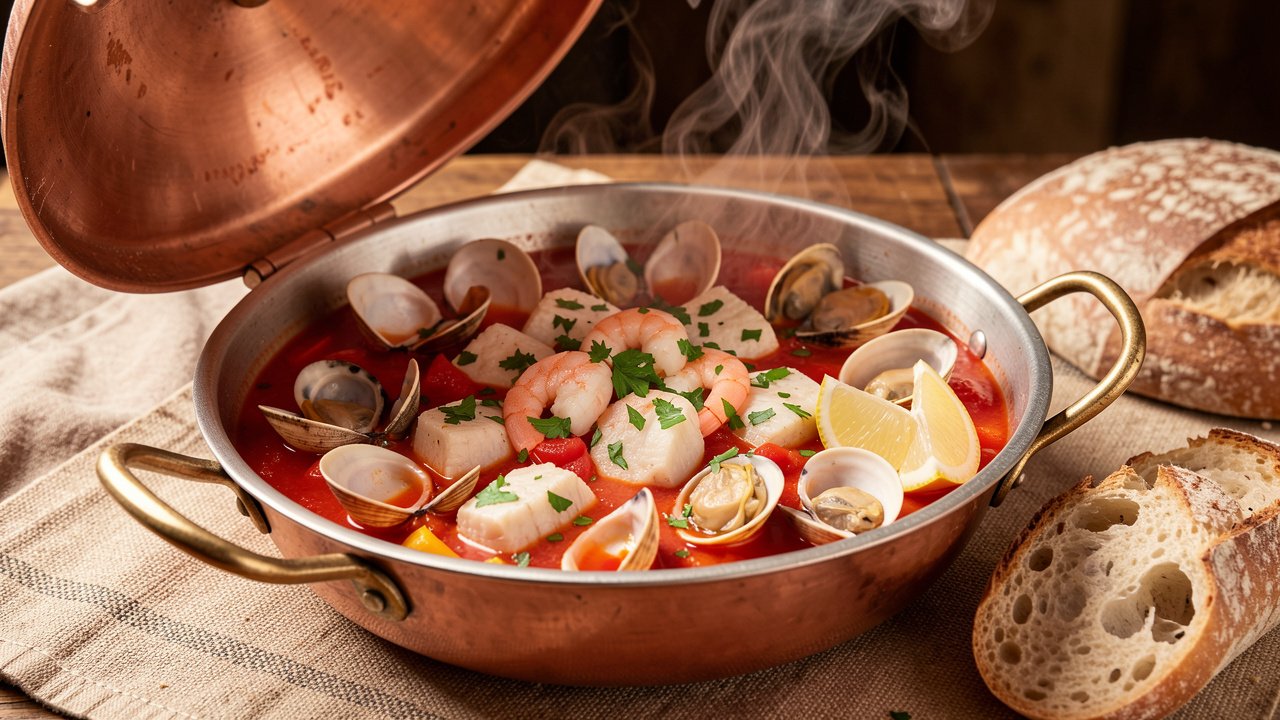 Finished cataplana in an open copper pan with clams, fish, shrimp, cilantro, and rustic bread