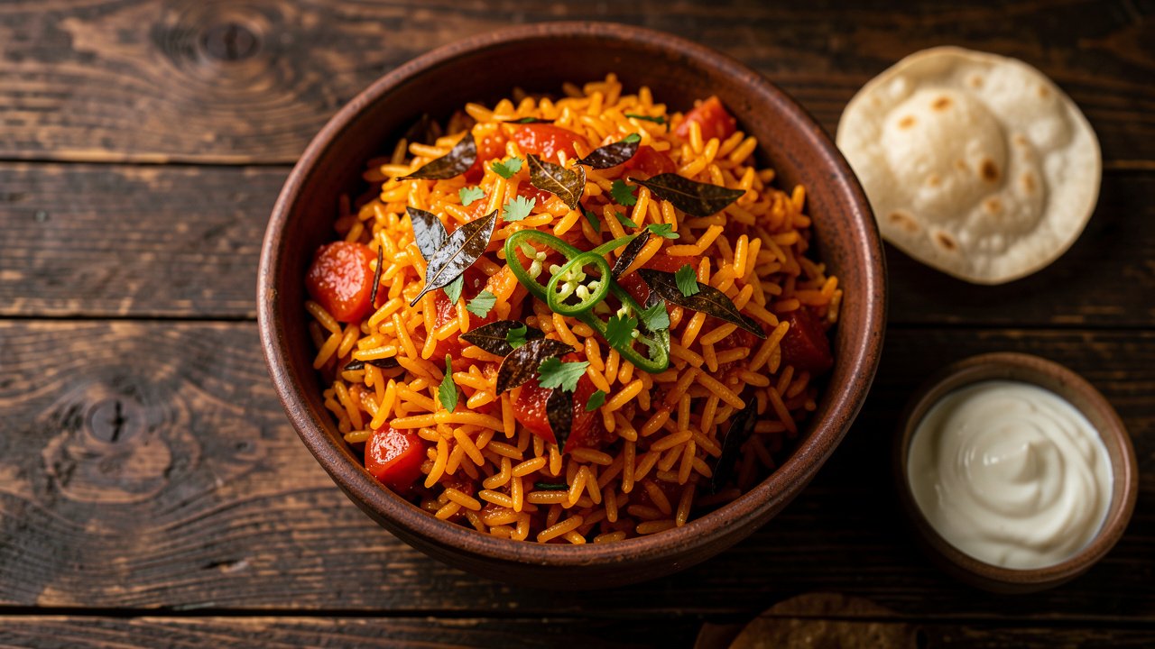 A rustic bowl of South Indian tomato rice, glossy orange-red spiced rice with curry leaves, coriander, papad, and yogurt