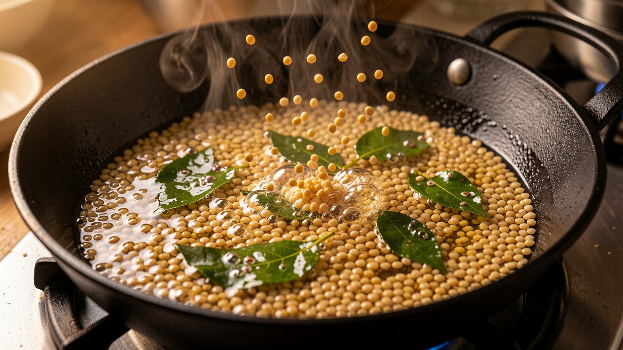 Mustard seeds popping with curry leaves and urad dal in hot oil in a black kadai