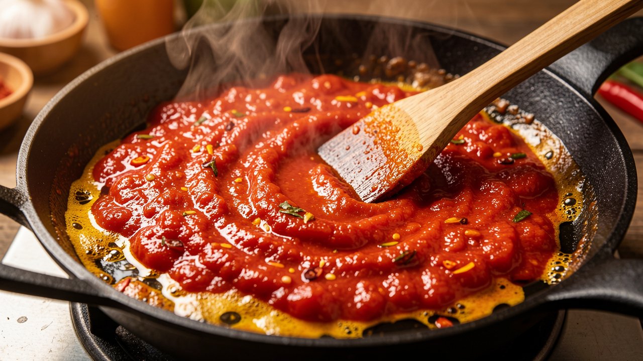A thick glossy red tomato masala cooking down in a black kadai with oil separating at the edges
