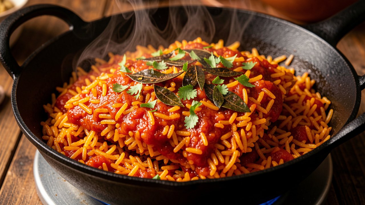 Finished South Indian tomato rice folded in a kadai, orange-red grains coated in masala with coriander on top