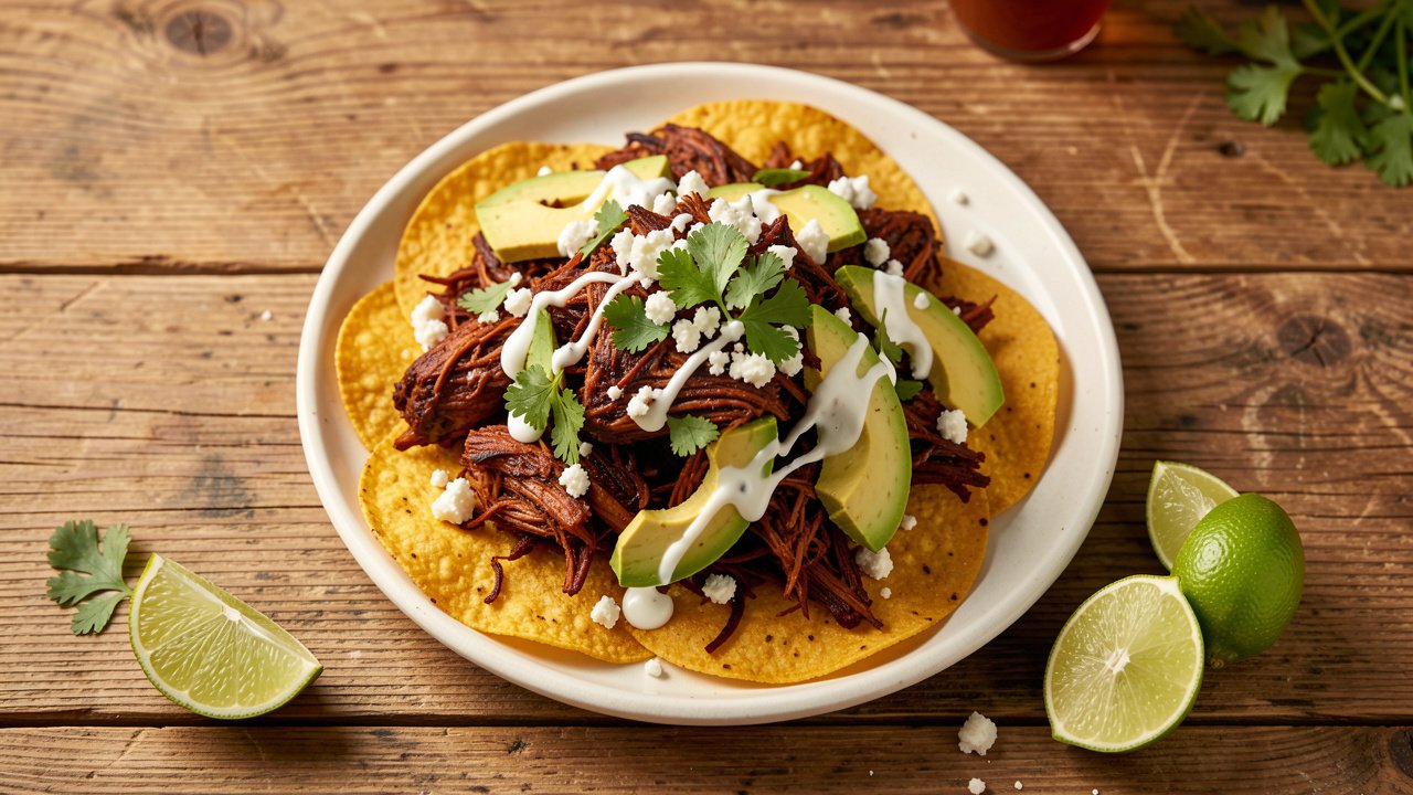 Tinga de pollo shredded chicken in chipotle-tomato sauce piled onto crisp tostadas with avocado and crema