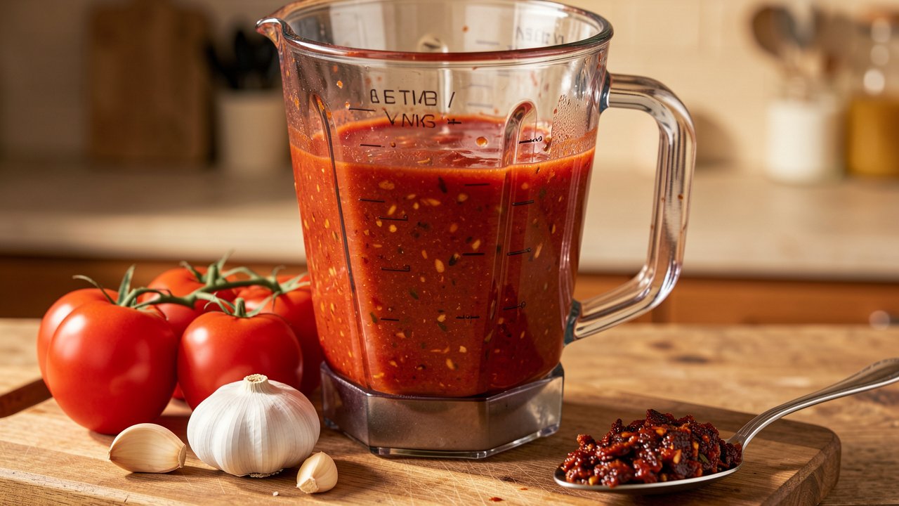 A blender of smooth deep red tomato and chipotle sauce with tomatoes and garlic beside it