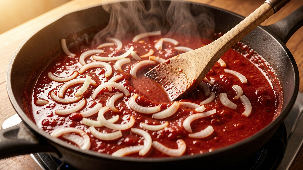 Deep red chipotle-tomato sauce simmering with sliced onion in a skillet