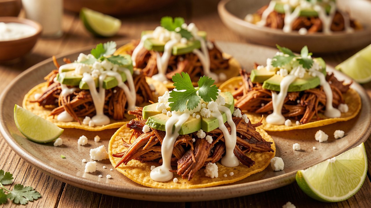 Assembled tinga de pollo tostadas topped with avocado, crema, cheese, and cilantro