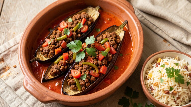 Turkish karniyarik, fried eggplant stuffed with spiced minced beef and baked in tomato sauce, garnished with parsley