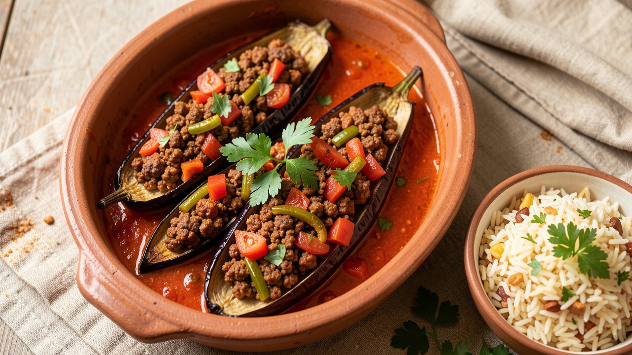 Turkish karniyarik, fried eggplant stuffed with spiced minced beef and baked in tomato sauce, garnished with parsley