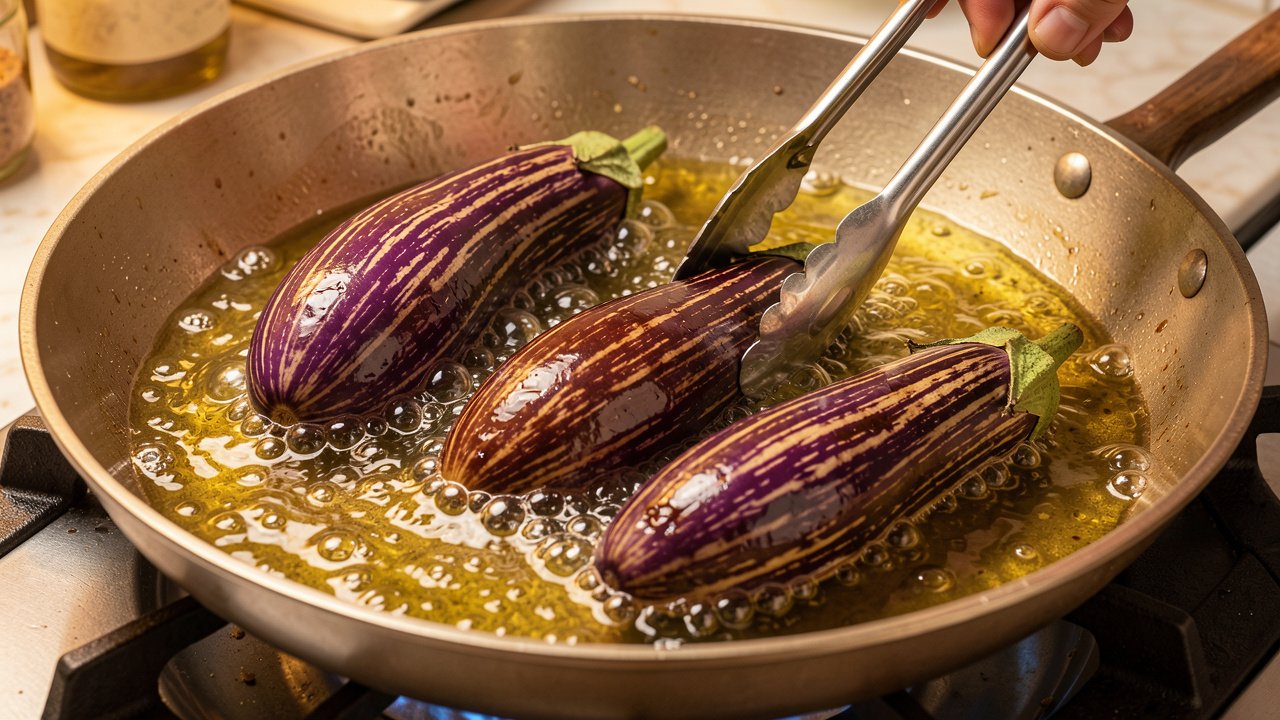 Whole striped eggplants frying until golden brown in a skillet of olive oil