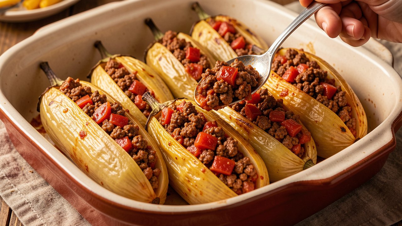 Fried eggplants split open and being stuffed with spiced minced beef filling in a baking dish