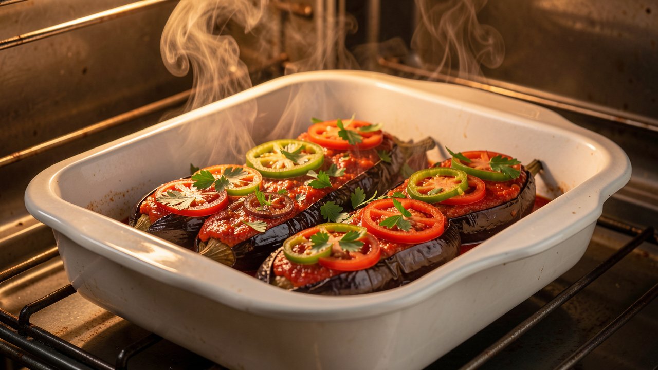 Finished karniyarik, baked stuffed eggplants in tomato sauce topped with tomato and green pepper