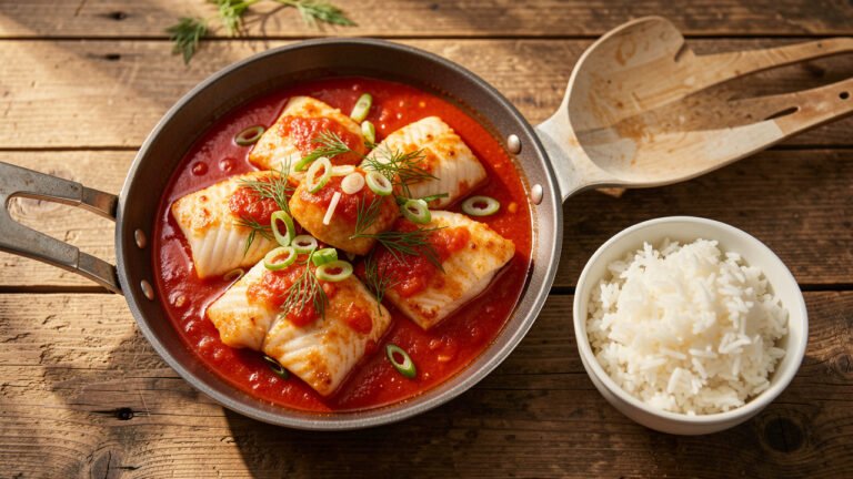 Vietnamese ca sot ca chua, pan-fried fish braised in tomato sauce with scallion and dill, served with rice