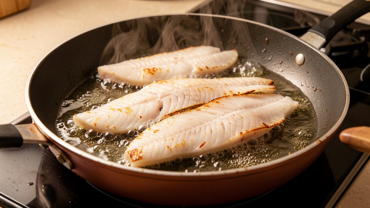 White fish fillets frying golden in a skillet