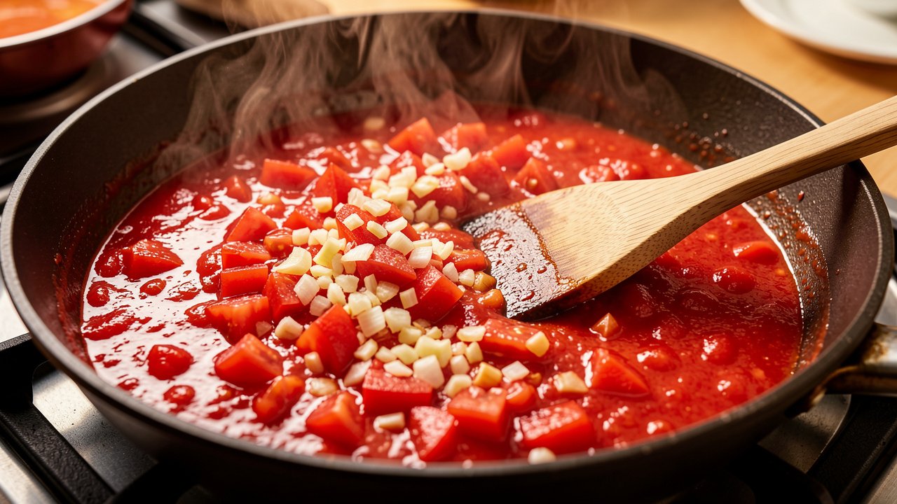 Tomatoes cooking down with shallot and garlic into a glossy sauce in a skillet