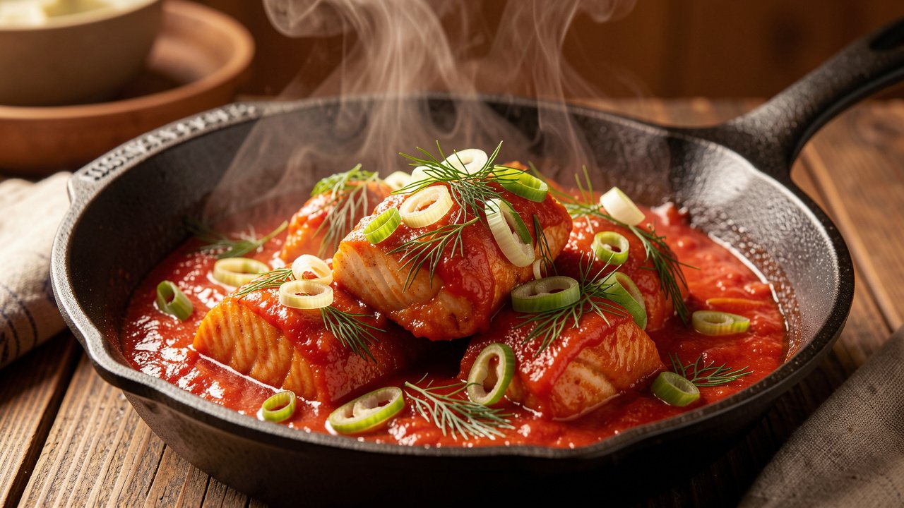 Finished ca sot ca chua in a skillet garnished with scallion and dill